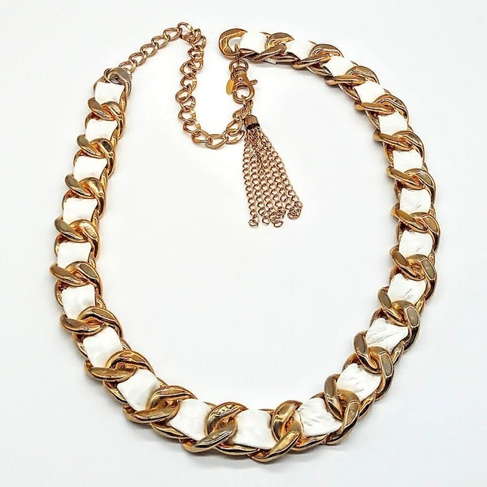 Vintage Tasha Gold Finish Chain Link White Faux Leather Braided Belt